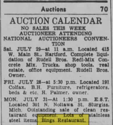 Bings (Bings Lunch) - July 1967 All Equipment Being Liquidated